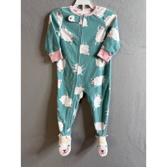 Carter's Footies Baby 12‎ Months Fleece Pajamas Llama Print Zip Up Sleepwear - Picture 1 of 9